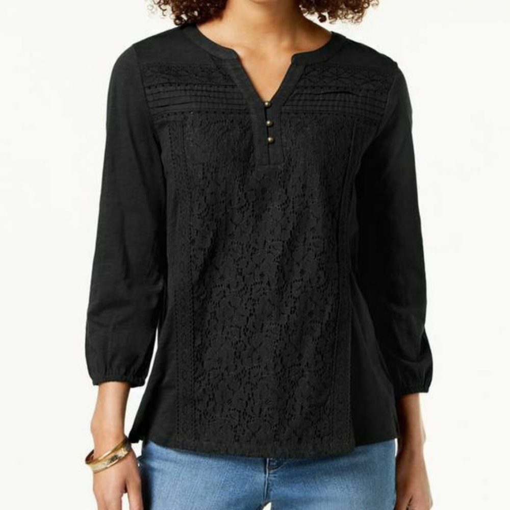 NWT Style & Co Petite PSmall Lace-Front Henley Top - Picture 1 of 8